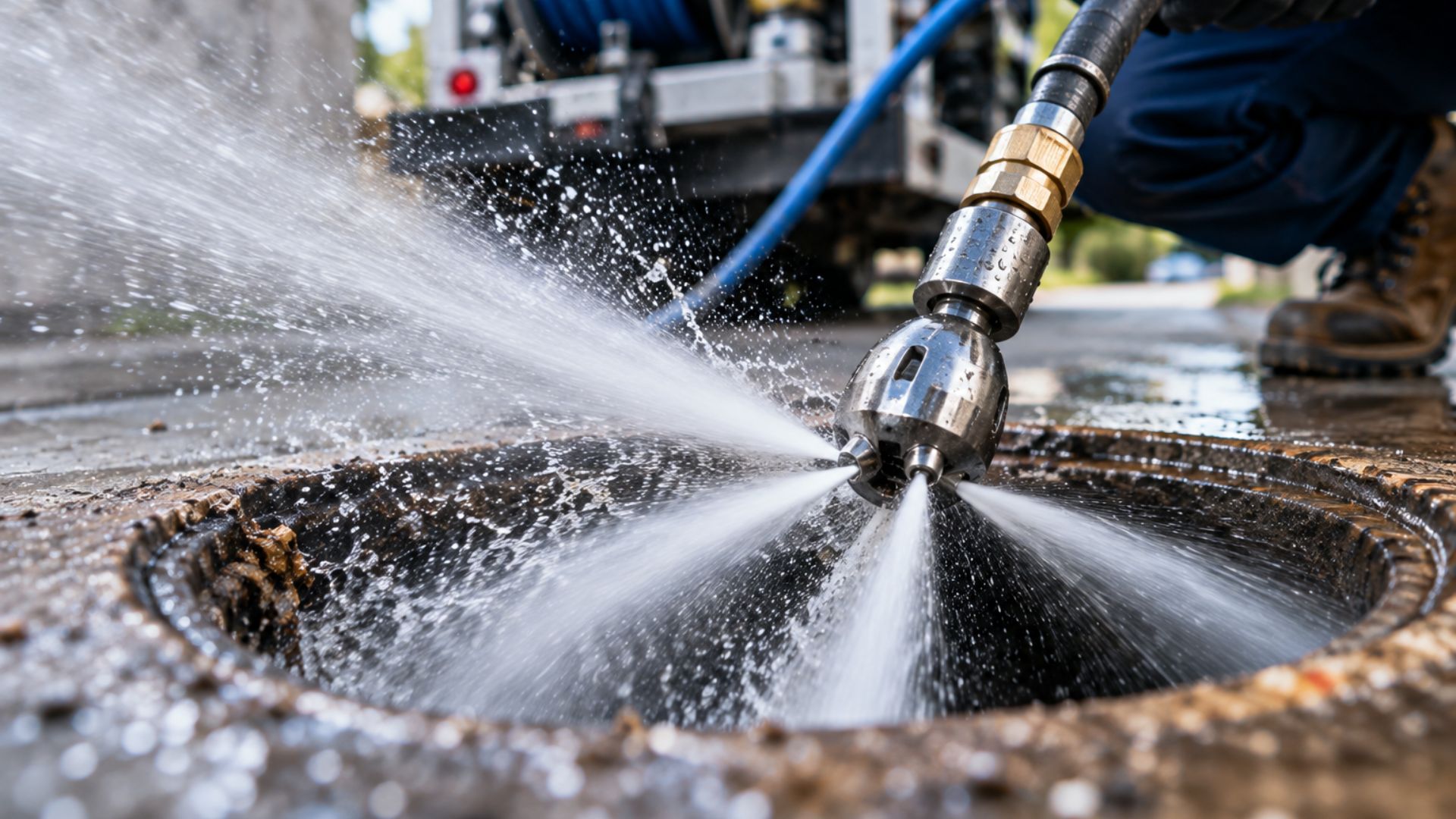 High-pressure hydro jetting spray clearing a sewer drain line