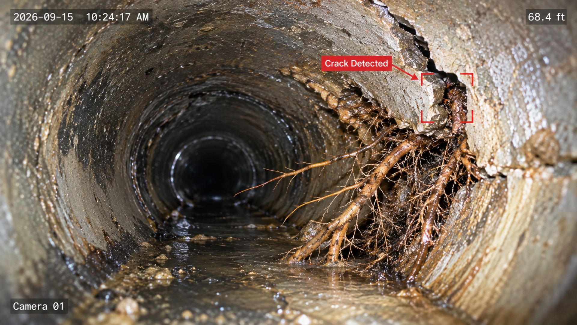 HD sewer camera inspection showing a cracked sewer pipe with root intrusion