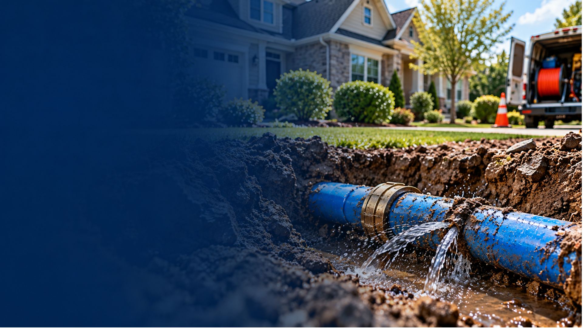 Suburban water main leak cross-section showing a damaged underground main water line